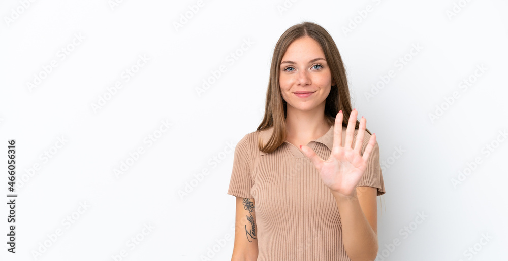 Young Lithuanian woman isolated on white background counting five with fingers Young Lithuanian woman isolated on white background counting five with fingers