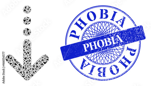 Send down mosaic of triangle items, and Phobia textured stamp seal. Blue seal has Phobia caption inside round shape. Vector send down collage is constructed of randomized triangle dots.