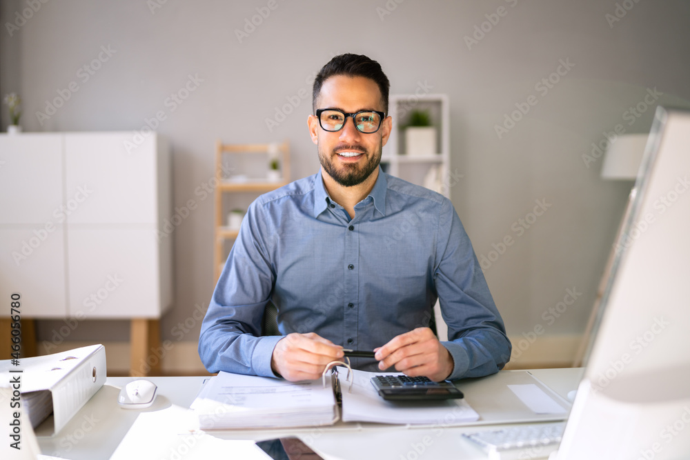 Fototapeta premium Accounting Bookkeeper Clerk Man. Bank Advisor
