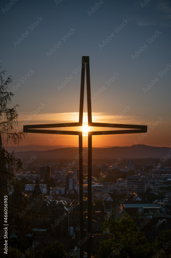 Christian Cross and Sunset Freiburg