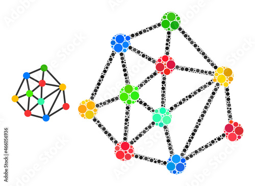 Mesh links vector composition of small circles in various sizes and color hues. Small circles are grouped into mesh links vector composition. Abstract vector illustration.