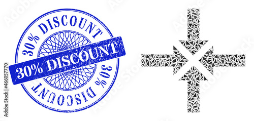 Compress arrows mosaic of triangle particles, and 30% Discount scratched seal. Blue stamp seal has 30% Discount title inside round shape.