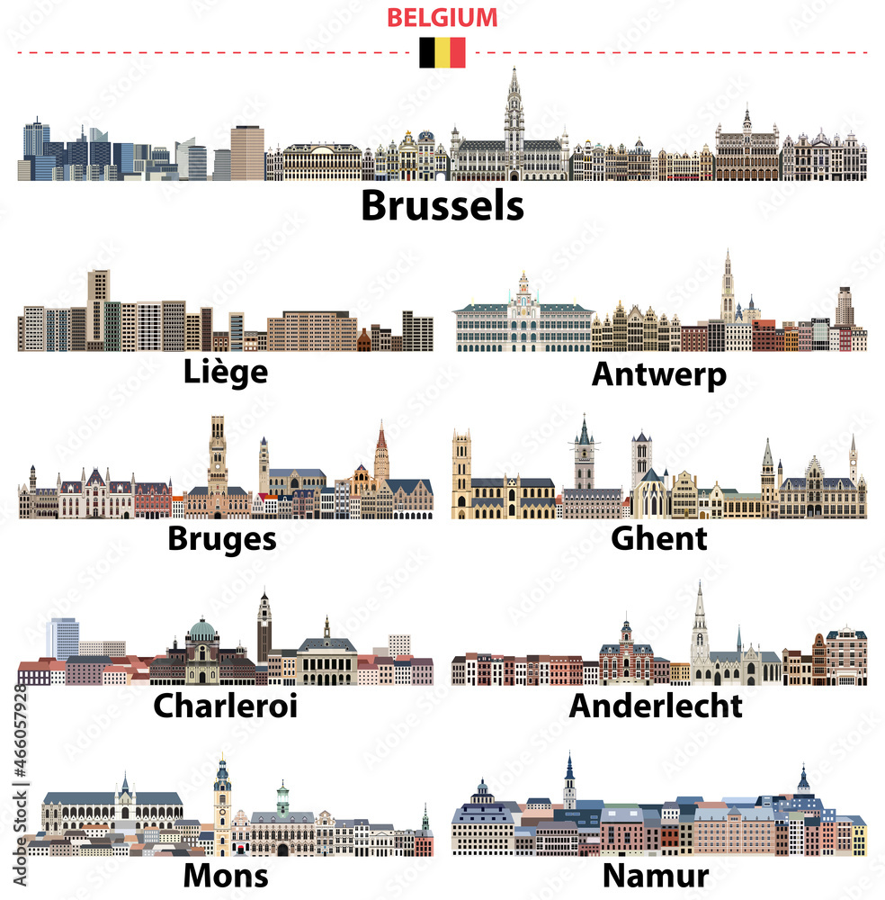 Fototapeta premium Belgium biggest cities skylines. Vector collection