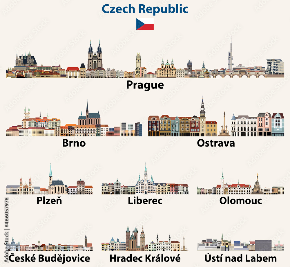 Czech Republic main cities abstract skylines. Vector collection