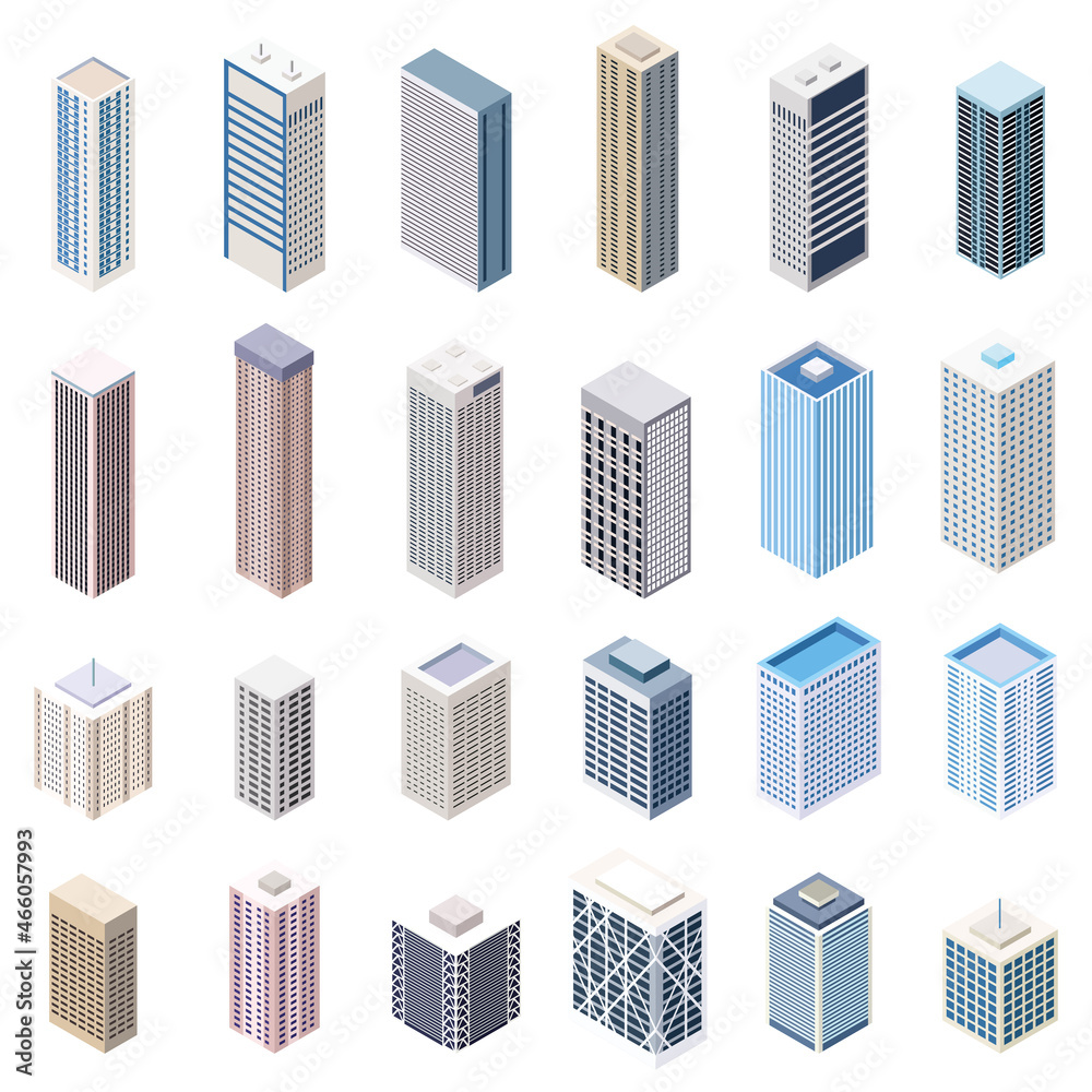 Isometric buildings vector set isolated on white background