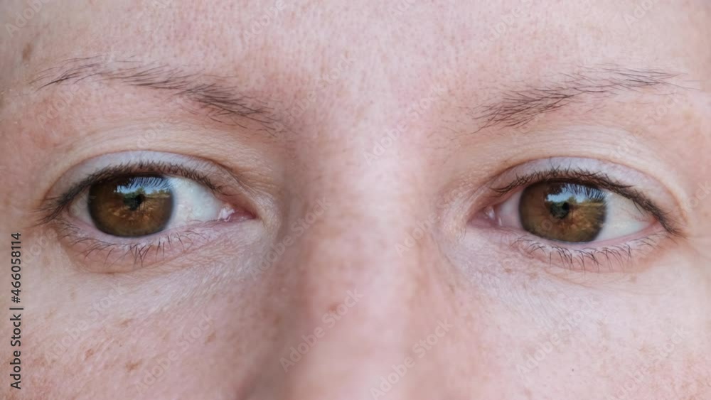 Comical Female Brown Eyes Looking at Camera, Rotating in Different Directions. Girl rolls funny, blinks, opens, closes eyes, eyeball. Reflection of the nature, sky in the eye pupil. 4K. Close up. Comical Female Brown Eyes Looking at Camera, Rotating in Different Directions. Girl rolls funny, blinks, opens, closes eyes, eyeball. Reflection of the nature, sky in the eye pupil. 4K. Close up.
