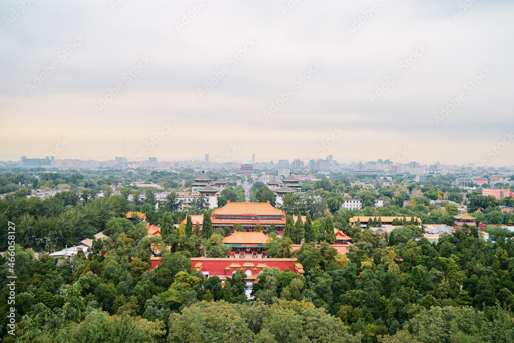 View of Asian temples and parks, cultural center of Beijing, China