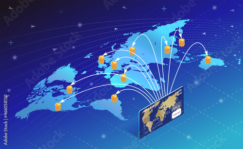 Money transfer from the card around the all world vector isometric flat style illustration