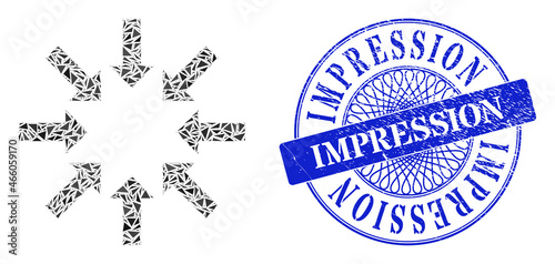 Collapse arrows collage of triangle items, and Impression dirty watermark. Blue seal includes Impression tag inside round shape. Vector collapse arrows collage is done of scattered triangle parts.