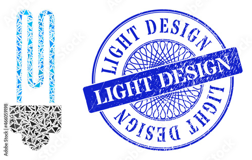 Fluorescent bulb mosaic of triangle, and Light Design scratched seal imitation. Blue seal includes Light Design caption inside round shape.