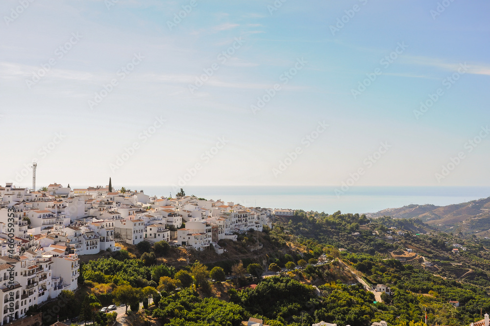 Panorama view of Frigiliana, beautiful village in the Axarquia of Malaga. Andalusia, Spain