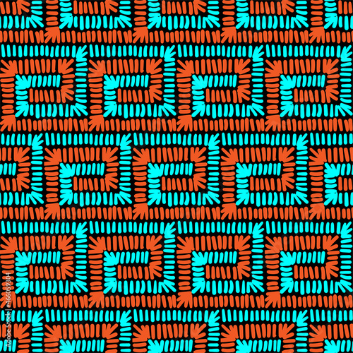 Meander seamless pattern. Abstract geometric backdrop. Embroidery imitation. Orange and blue ethnic ornament for textile design
