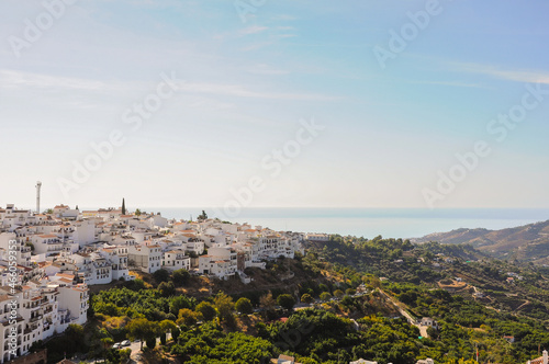 Panorama view of Frigiliana, beautiful village in the Axarquia of Malaga. Andalusia, Spain