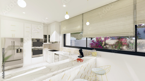 interior design 3d rendering, 3d illustration, modern kitchen interior 