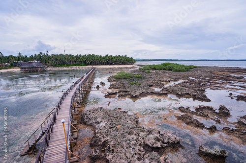Beautiful landscape. Wooden bridge on Cloud 9 beach  Siargao Island Philippines.