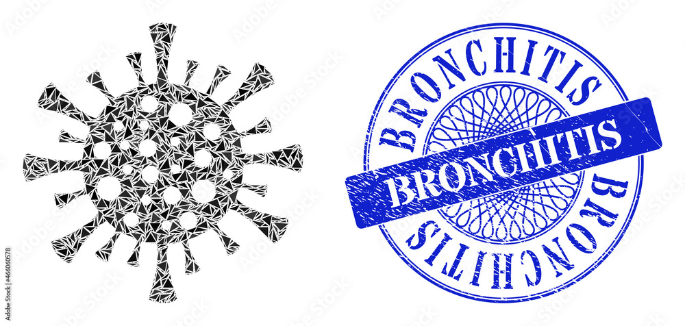 Fototapeta premium Corona virus mosaic of triangle particles, and Bronchitis dirty stamp seal. Blue stamp includes Bronchitis caption inside circle form.