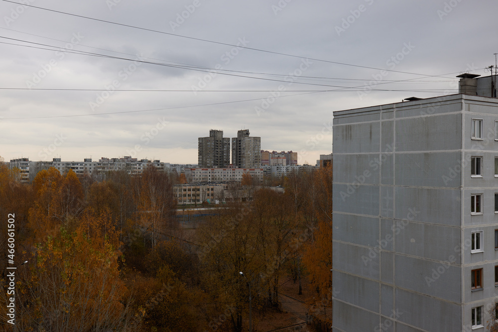 Balcony view of soviet Leningrad project house. courtyard of residential building. Selective focus Balcony view of soviet Leningrad project house. courtyard of residential building. Selective focus