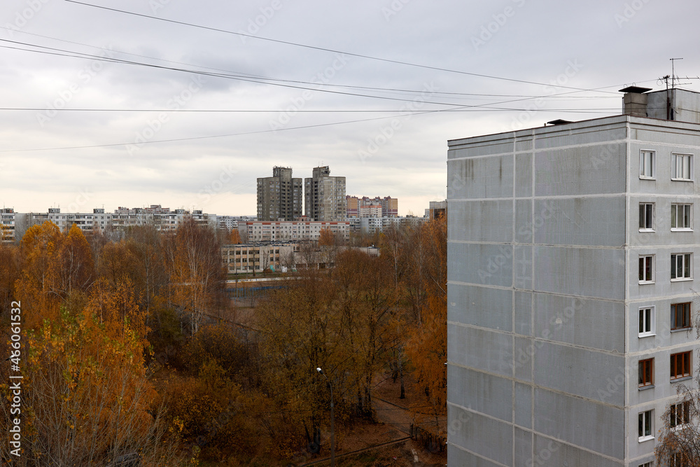 Balcony view of soviet Leningrad project house. courtyard of residential building. Selective focus
