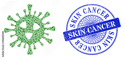 Covid-19 virus collage of triangle parts, and Skin Cancer grunge seal imitation. Blue stamp seal contains Skin Cancer text inside circle form.