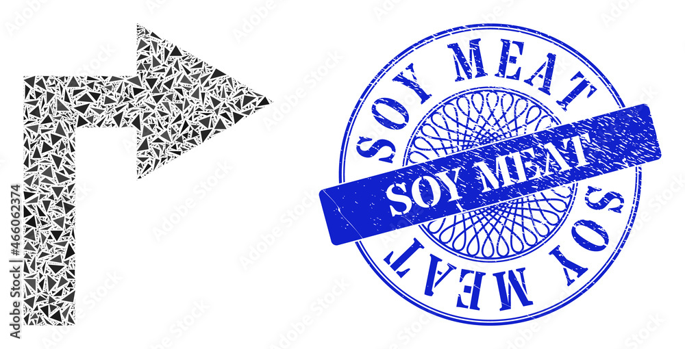 Turn right mosaic of triangle, and Soy Meat rubber stamp seal. Blue stamp seal has Soy Meat caption inside circle form. Vector turn right collage is done of random triangle dots. Turn right mosaic of triangle, and Soy Meat rubber stamp seal. Blue stamp seal has Soy Meat caption inside circle form. Vector turn right collage is done of random triangle dots.