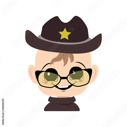 Avatar of a child with big eyes and a wide smile in a sheriff hat with a yellow star. Cute kid with a joyful face in a carnival costume. Head of adorable baby with happy emotions