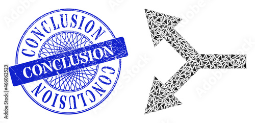 Bifurcation arrow left collage of triangle particles, and Conclusion grunge seal imitation. Blue seal has Conclusion text inside circle form.