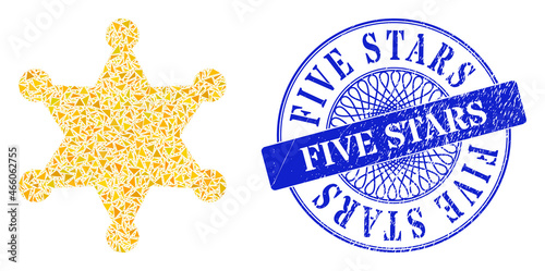 Sheriff star collage of triangle particles, and Five Stars dirty seal. Blue seal contains Five Stars text inside round shape. Vector sheriff star mosaic is done of different triangle parts.