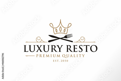 Luxury Royal Crown with Spoon Fork Knife for Restaurant Bar Bistro Vintage Retro Logo design vector