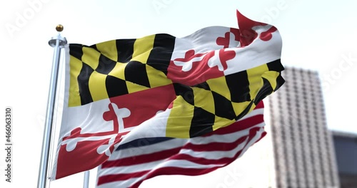the flag of the US state of Maryland waving in the wind with the American flag blurred in the background