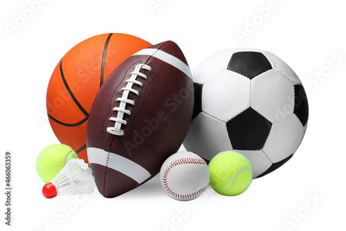 Set of different sport balls and shuttlecock on white background © New Africa