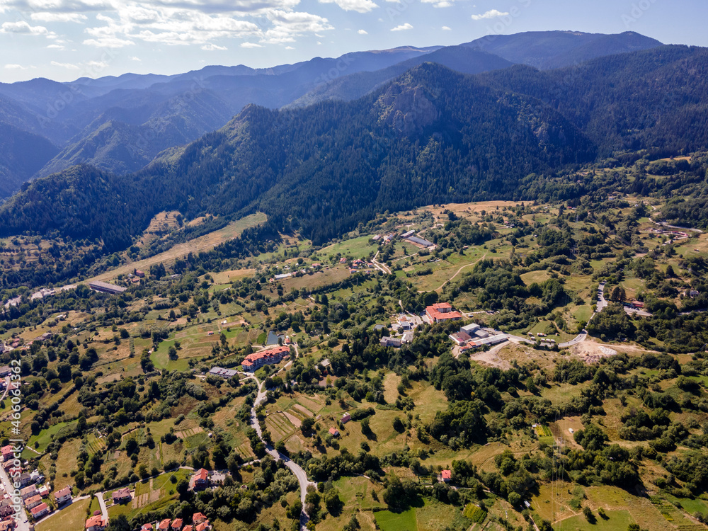 Aerial Panorama of Rhodope Mountains near Smolyan lakes, Bulgaria