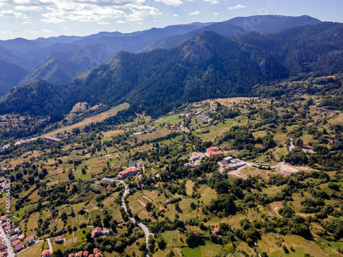 Aerial Panorama of Rhodope Mountains near Smolyan lakes, Bulgaria photo