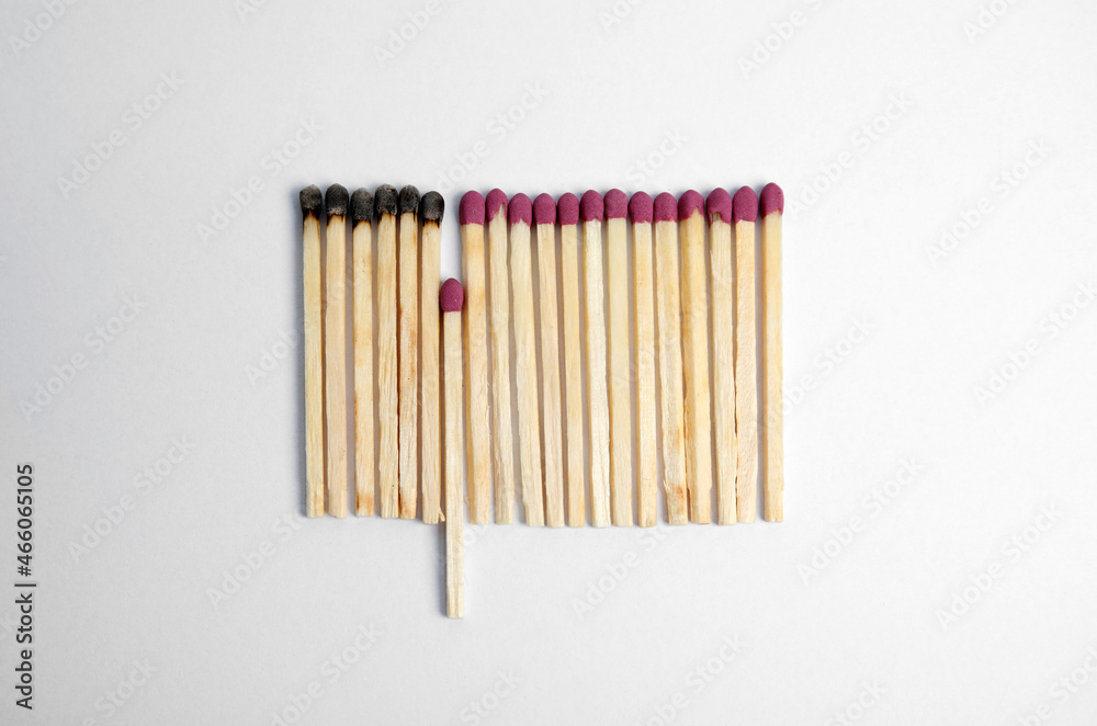 Flat lay composition with burnt and whole matches on white background Flat lay composition with burnt and whole matches on white background