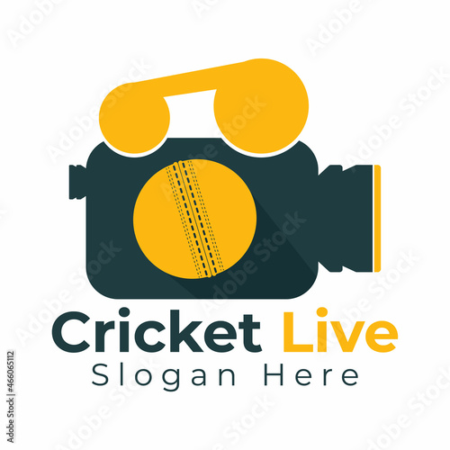 Live cricket logo vector design.  Cricket ball and movie projector combination.