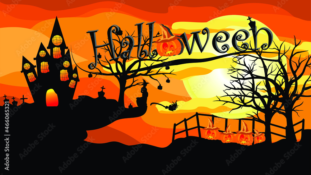 halloween background with tree, halloween celebration silhouette illustration, halloween witch and pumpkin