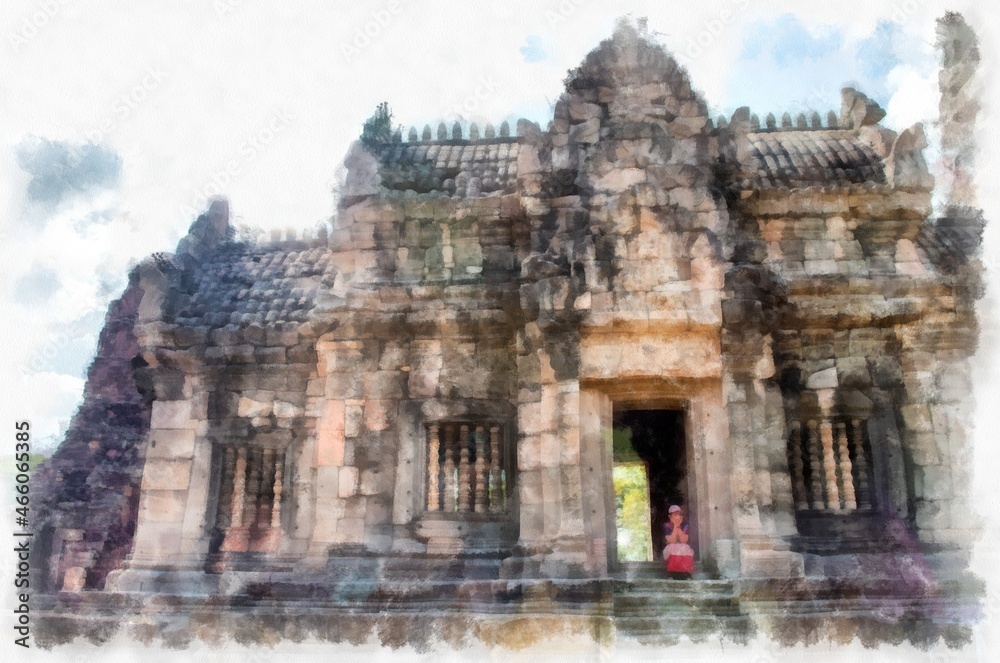 Ancient architecture of Thailand watercolor style illustration impressionist painting.