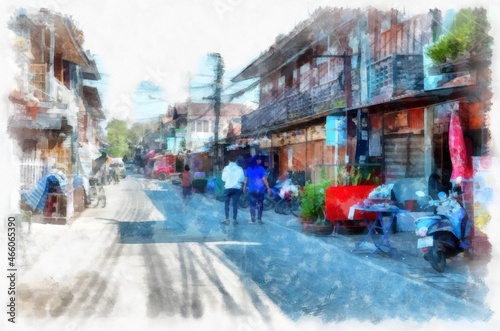 Market in Thailand watercolor style illustration impressionist painting. © Kittipong