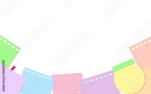 Note stickers and labels with pin and with shadows. Office and school stationery, memo stickers. Templates frame for a note message isolated on white background. Vector illustration