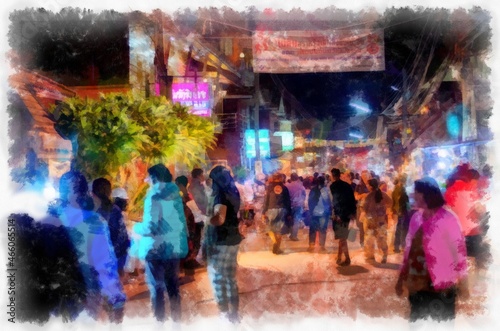 Night market in Thailand watercolor style illustration impressionist painting. © Kittipong