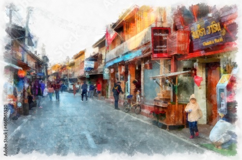 Market in Thailand watercolor style illustration impressionist painting. © Kittipong