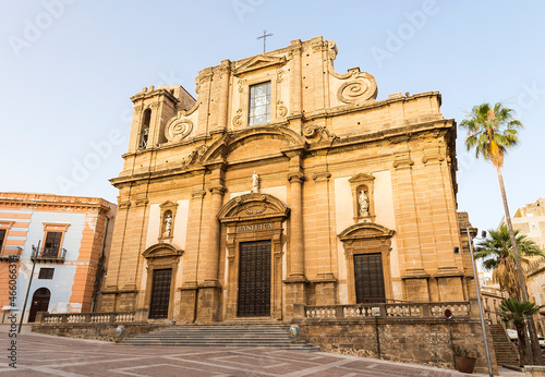 Panoramic Sights of Cathedral of Sciacca (Basilica di Maria Santissima del Soccorso) in Sciacca, Province of Agrigento, Sicily, Italy.