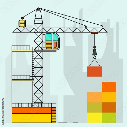 flat design tower crane construction in city