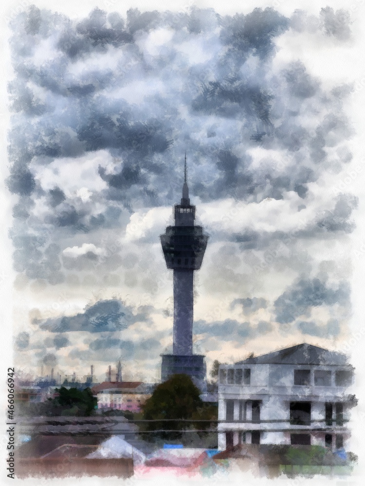 Obraz premium tall tower in the city watercolor style illustration impressionist painting