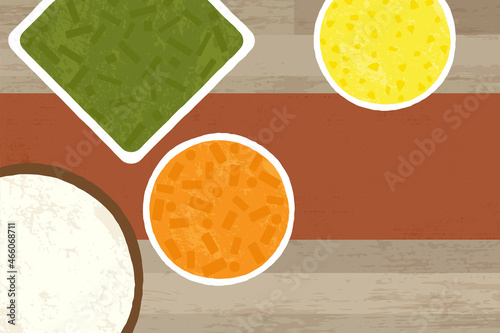 Textured cooked side dishes in a cut paper style
