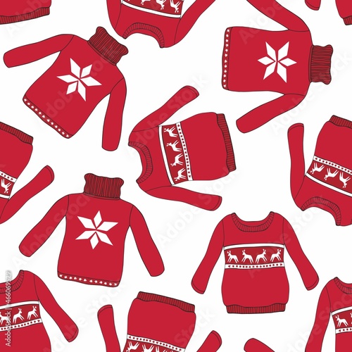 Christmas sweater. Vector seamless pattern with red sweaters on a white background