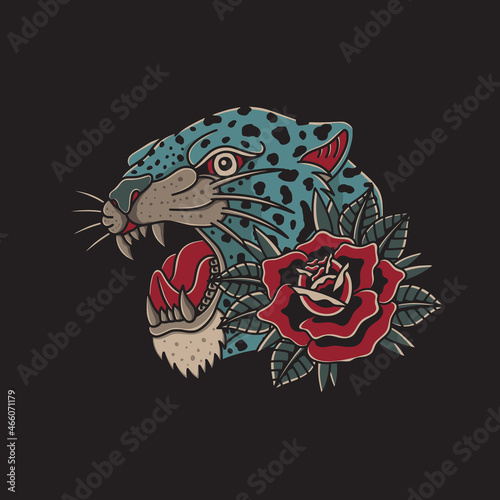 illustration of cheetah and roses with old school traditional tattoo style