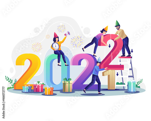 People Celebrate New Year 2022. Tiny People changing numbers concept. Characters with gift boxes and fireworks. Flat Vector Illustration