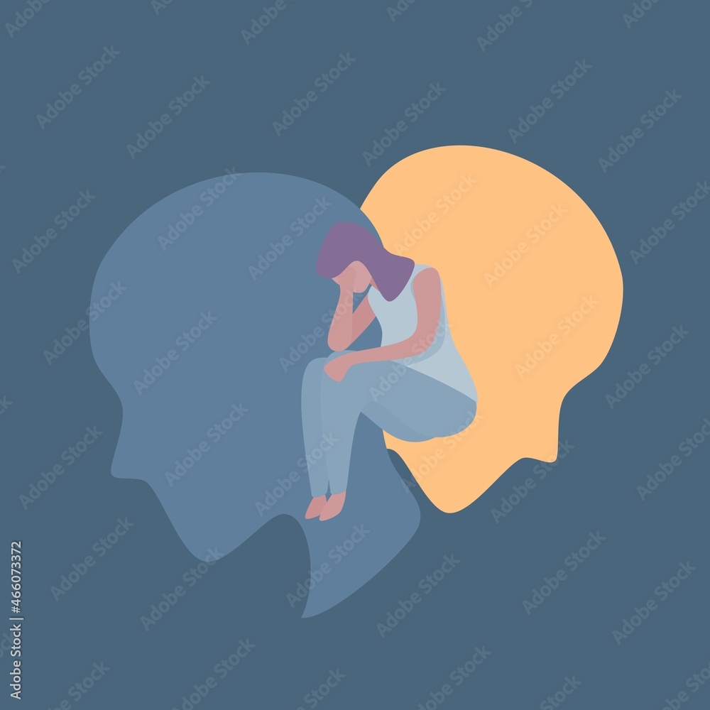 Depression anxiety,bipolar disorder,Symptoms of the disease,Woman problem suffering confusion from depression,sadness,insomnia, negative thoughts,head of bad mood,mental health,Vector illustration.