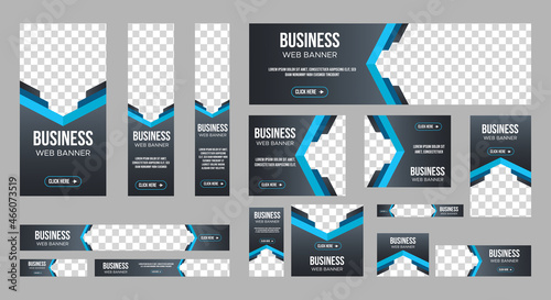 set of business web banners in standard size with a place for photos. Vertical, horizontal and square template with Gradient black and blue color . vector illustration EPS