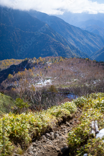                                                                                                                                                 Scenery of climbing Mt. Yakedake with snow in late autumn in Matsumoto  Nagano Prefecture to see Mt. Kasumisawa  Mt. Norikura  Kamikochi and Mt. Hodaka